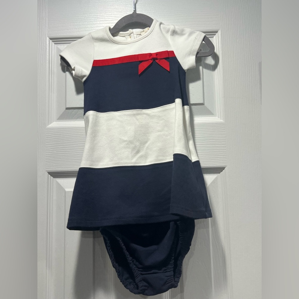 NWT, Kate Spade, 12M, Navy and White Dress with Red Bow and matching bloomers